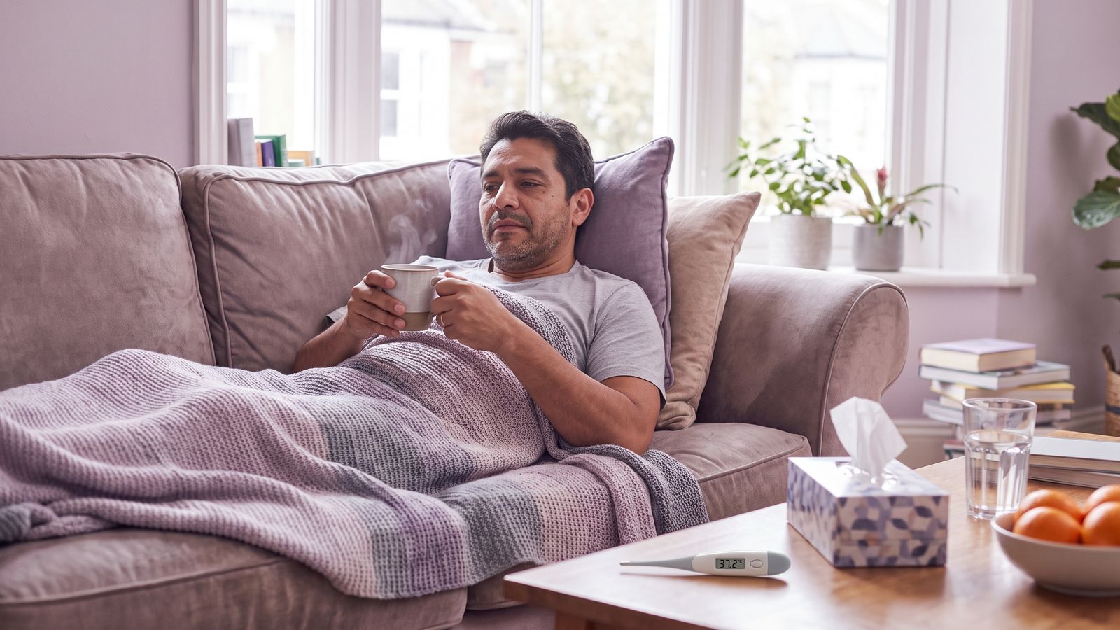 Hombre resfriado descansando en el sillón con una taza de té y un termómetro