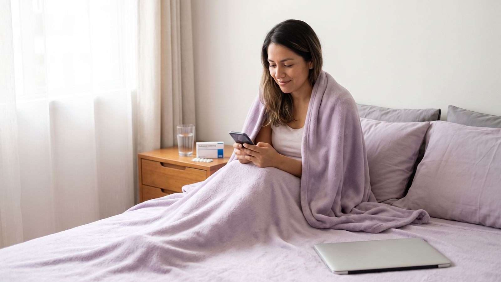 Mujer descansando en cama con una manta mientras revisa su celular