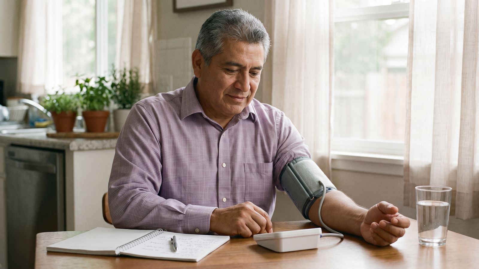 Hombre midiendo su presión arterial en casa con un monitor de brazo