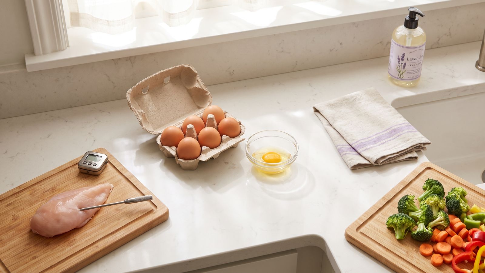 Huevos, pechuga de pollo cruda con termómetro de cocina y verduras en tablas separadas