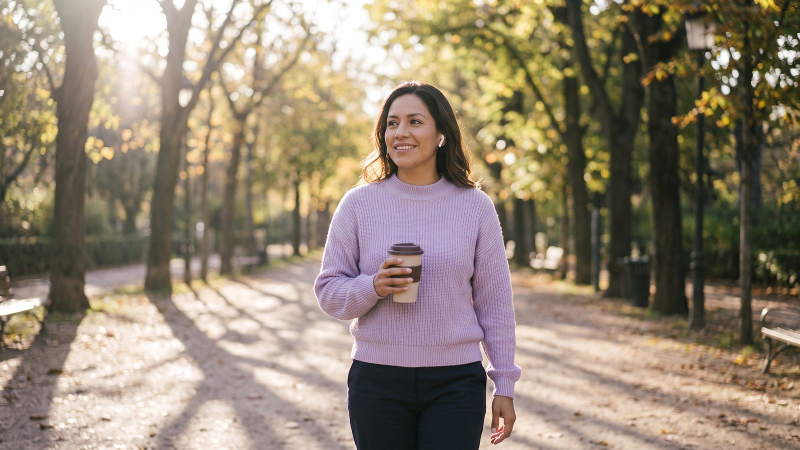 Mujer caminando tranquila por un parque en la mañana